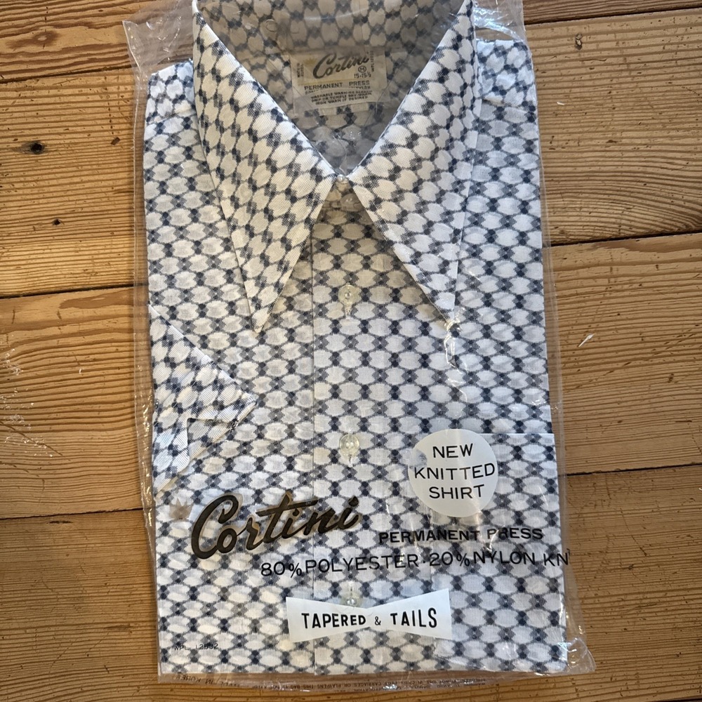 NEW 70s Cortini Shirts M 15-15.5 PermaPress Mod Short Sleeve Blue White NOS